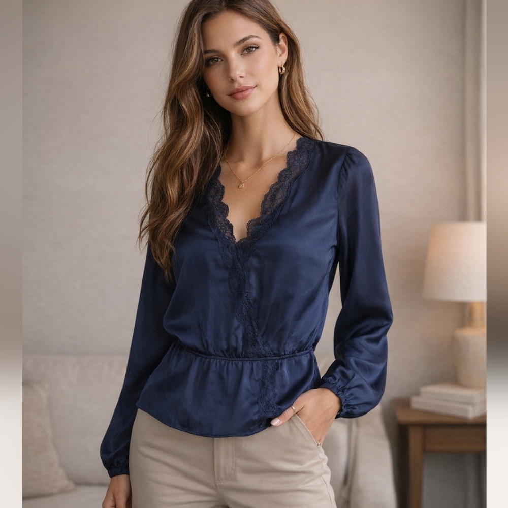 NWOT Abercrombie & Fitch blue lace trim blouse sz sm